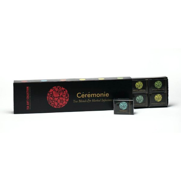Tea Gift Collection מבית Ceremonie (סרמוני), מארז פרימיום הכולל 12 קוביות תה מיני בעיצוב זהב-שחור.